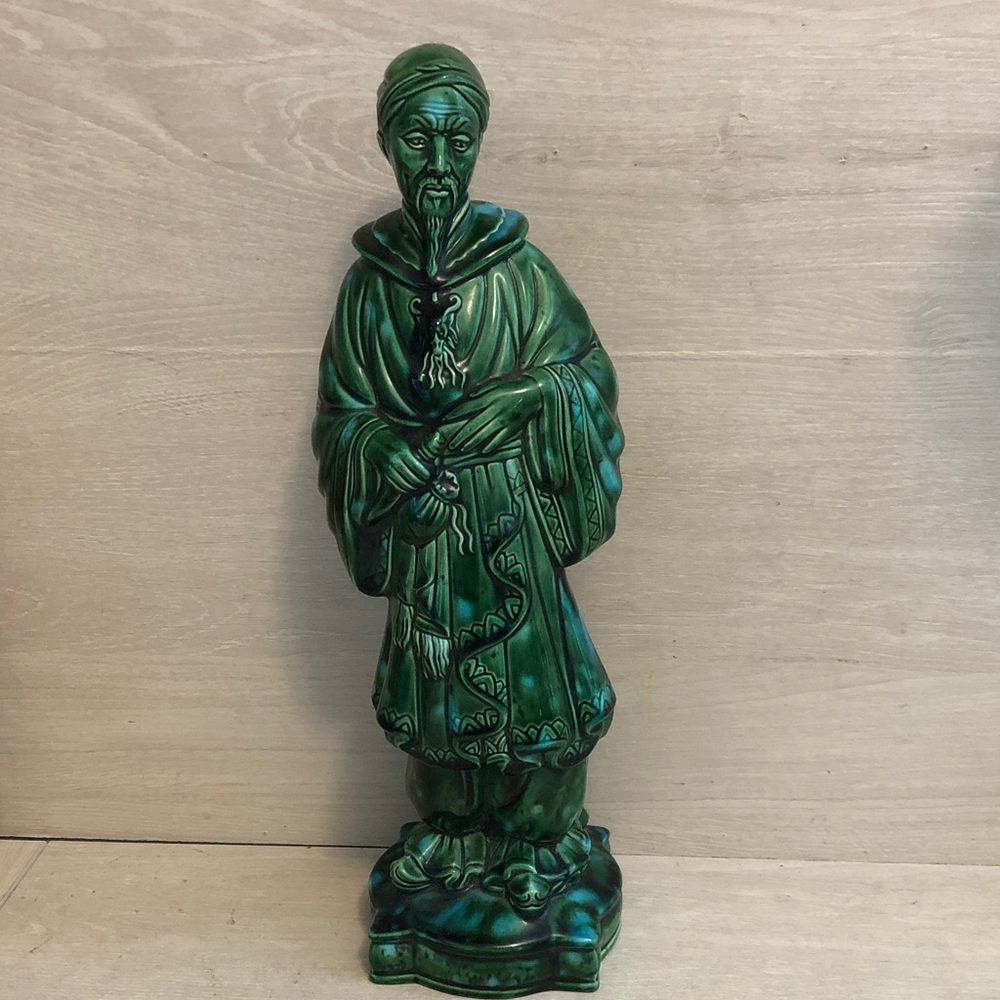 Vintage 15” Celadon Glaze Ceramic‎ Chinese Emperor Green Blue Statue Pls Read